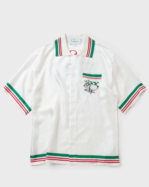 KNIT COLLAR PRINTED SILK TWILL SHORT SLEEVE SHIRT