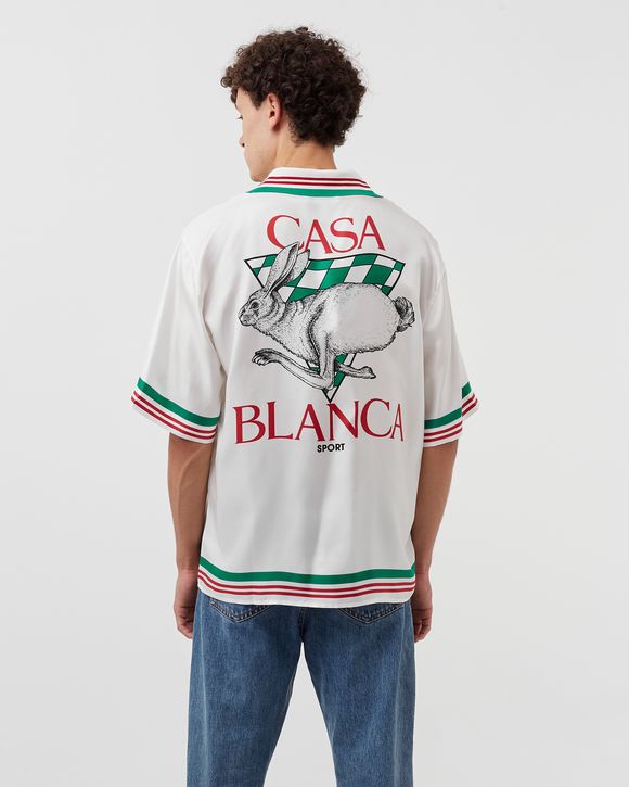 KNIT COLLAR PRINTED SILK TWILL SHORT SLEEVE SHIRT