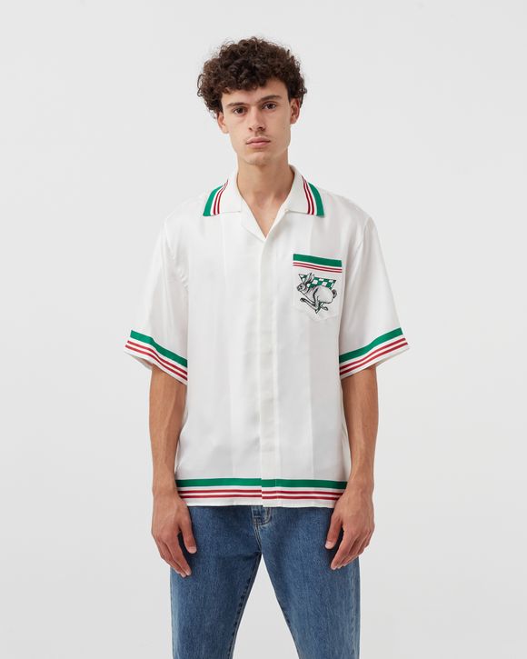 KNIT COLLAR PRINTED SILK TWILL SHORT SLEEVE SHIRT