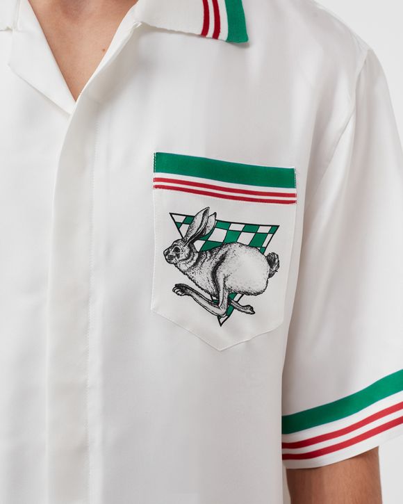 KNIT COLLAR PRINTED SILK TWILL SHORT SLEEVE SHIRT