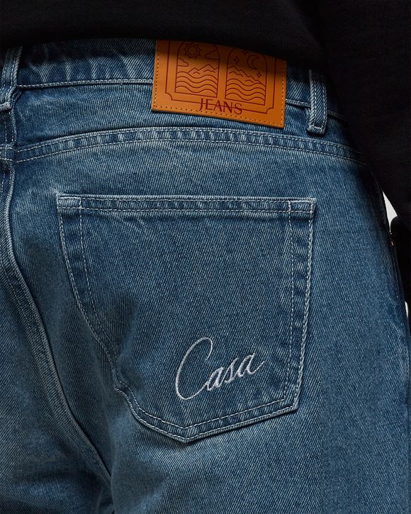 STONE WASH DENIM EMBROIDERED MOTIF JEAN