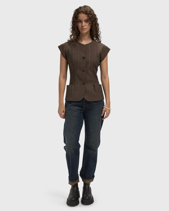 Light Wool Melange Stripe Cap Sleeve Blouse