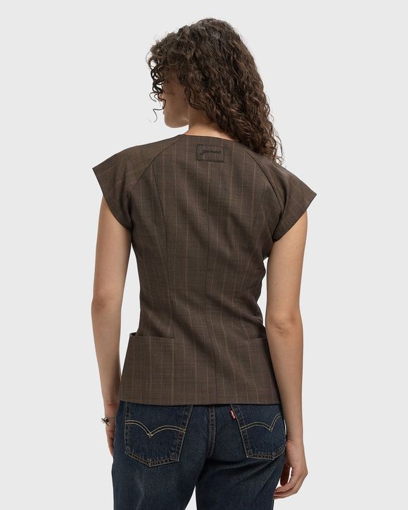 Light Wool Melange Stripe Cap Sleeve Blouse