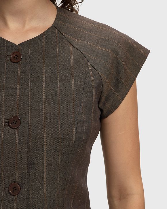 Light Wool Melange Stripe Cap Sleeve Blouse