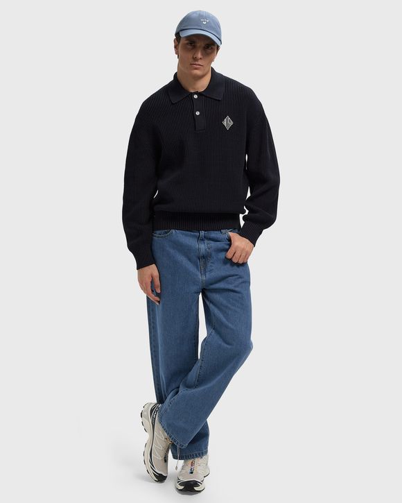 Badge Accent Pearl Rib Polo Collar Sweater