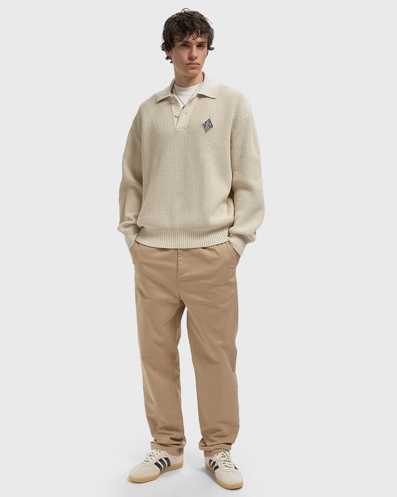 Badge Accent Pearl Rib Polo Collar Sweater