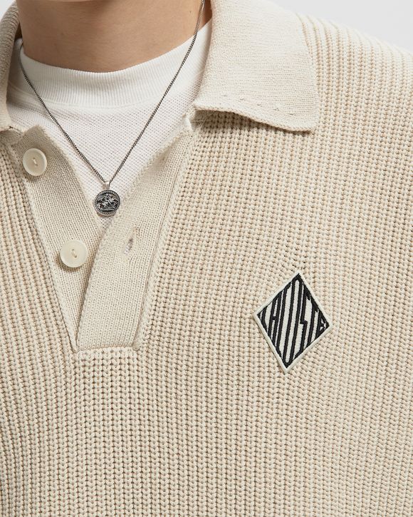 Badge Accent Pearl Rib Polo Collar Sweater