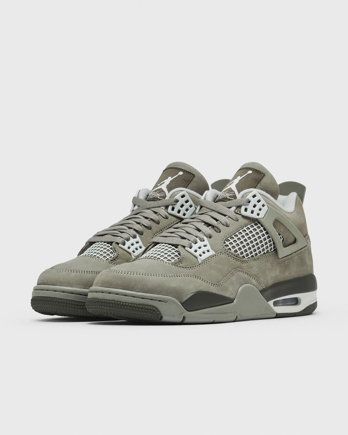 Air Jordan 4 Light Army JA5911-320 hero image showing tonal olive green suede upper grey netting and black tongue branding