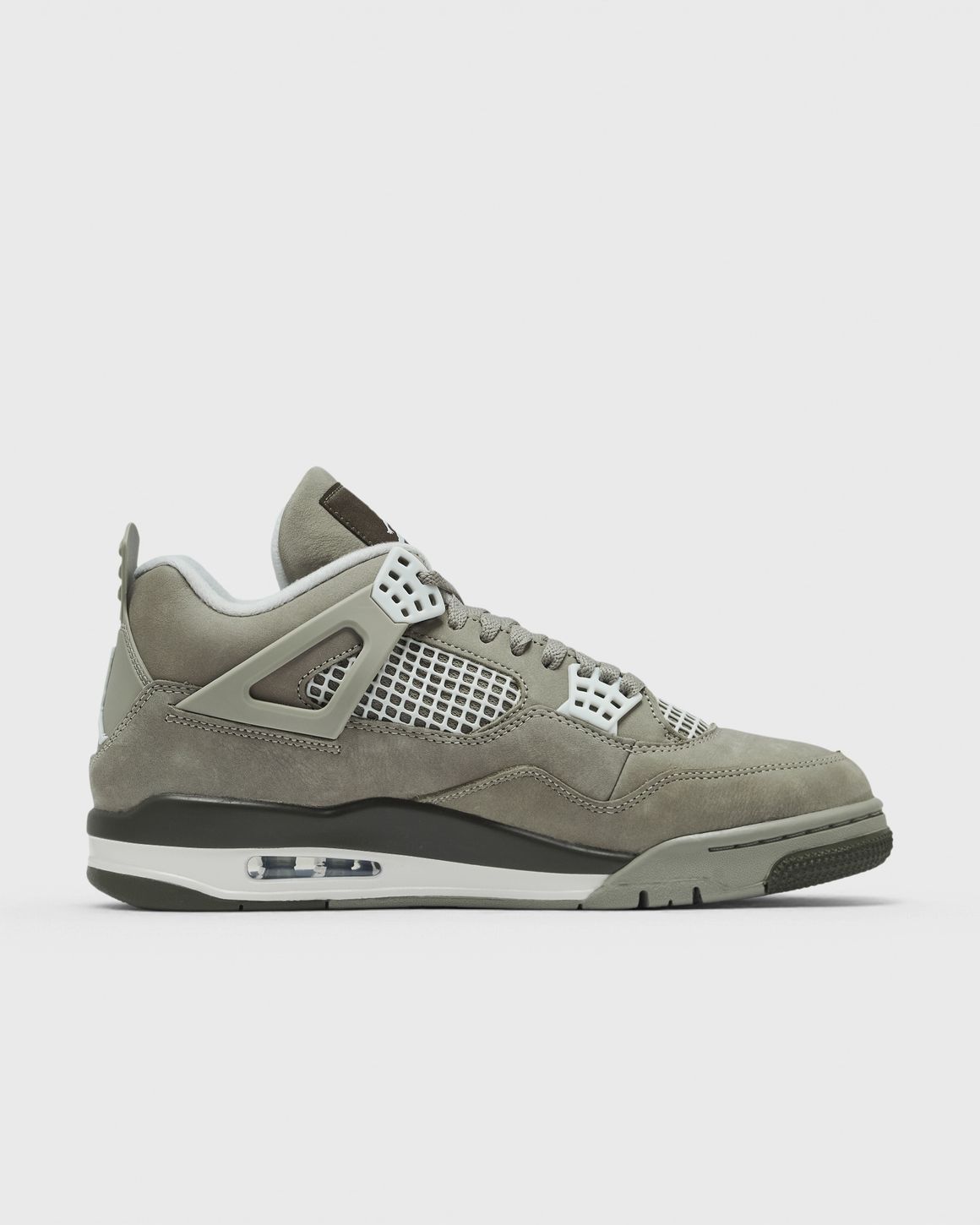 Air Jordan 4 Retro Light Army heel view showing tonal plastic Jumpman spine piece in olive