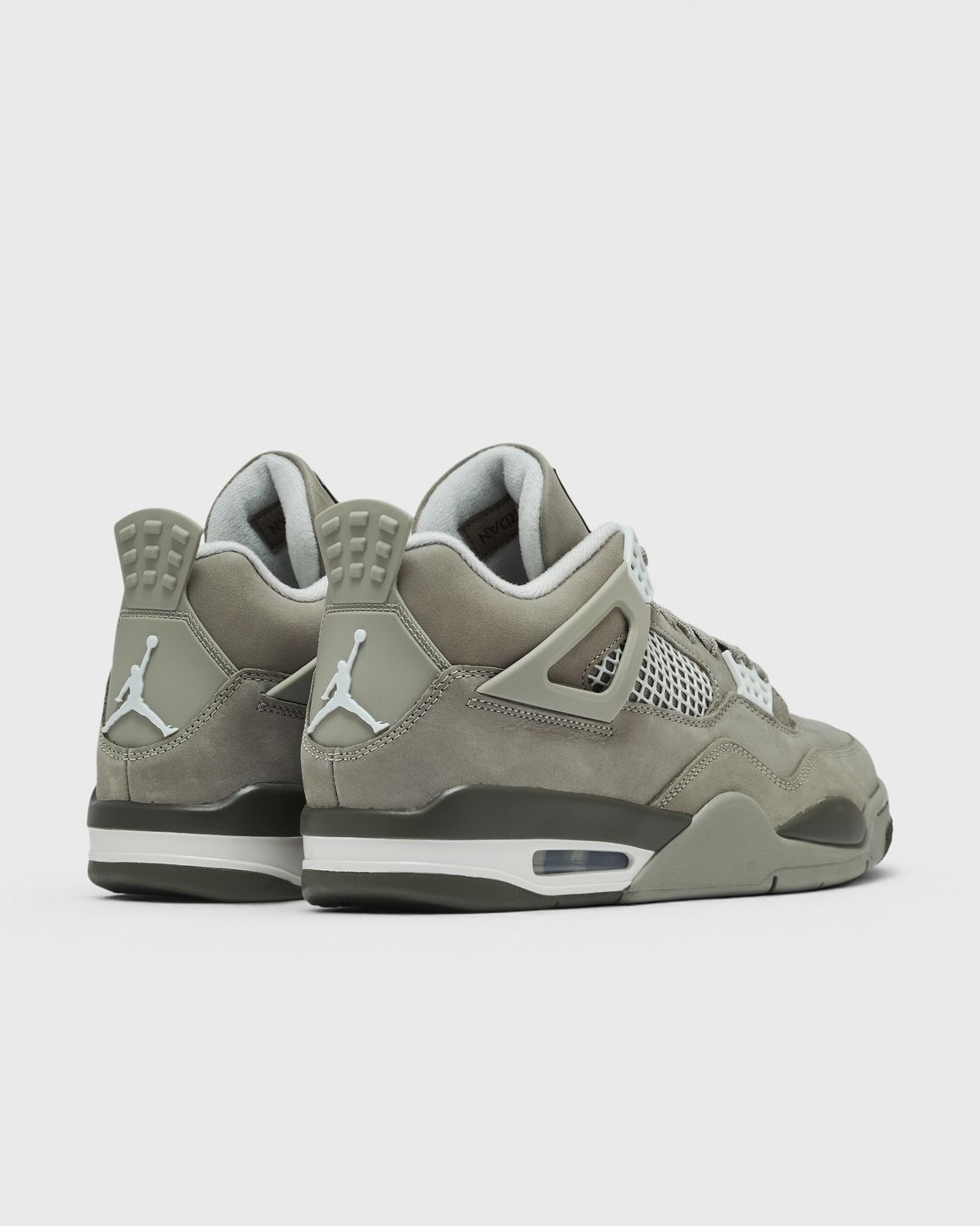 Air Jordan 4 Retro Light Army top view showing grey netting panels and black tongue branding