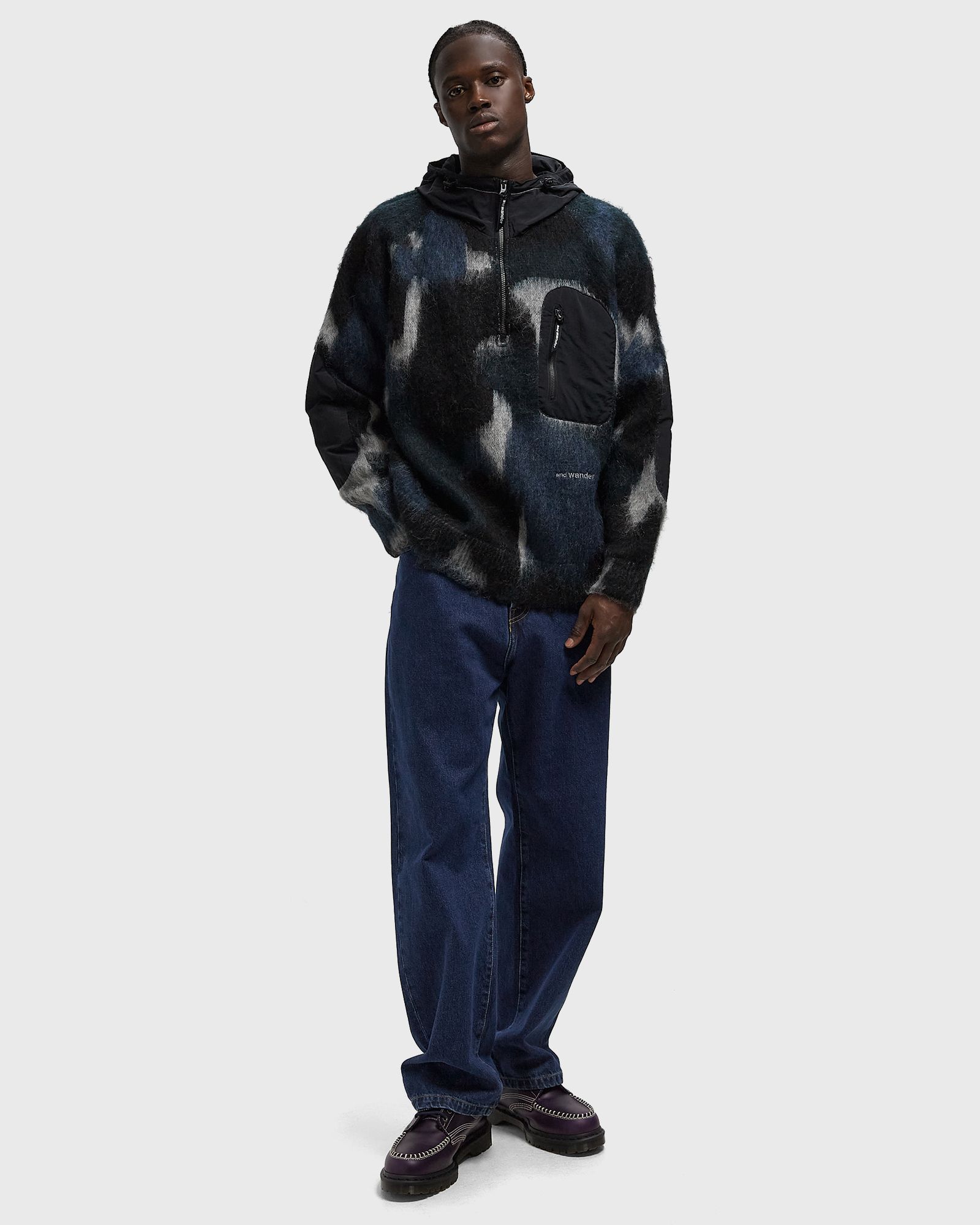 mix color shaggy knit hoodie