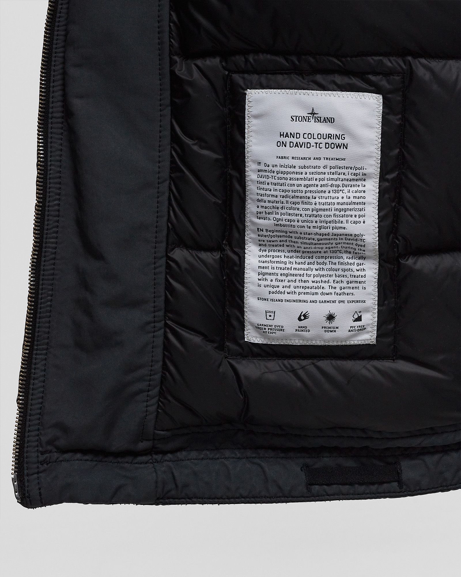 REAL DOWN JACKET HAND COLOURING ON DAVID-TC., GARMENT DYED + HANDMADE TREATMENT