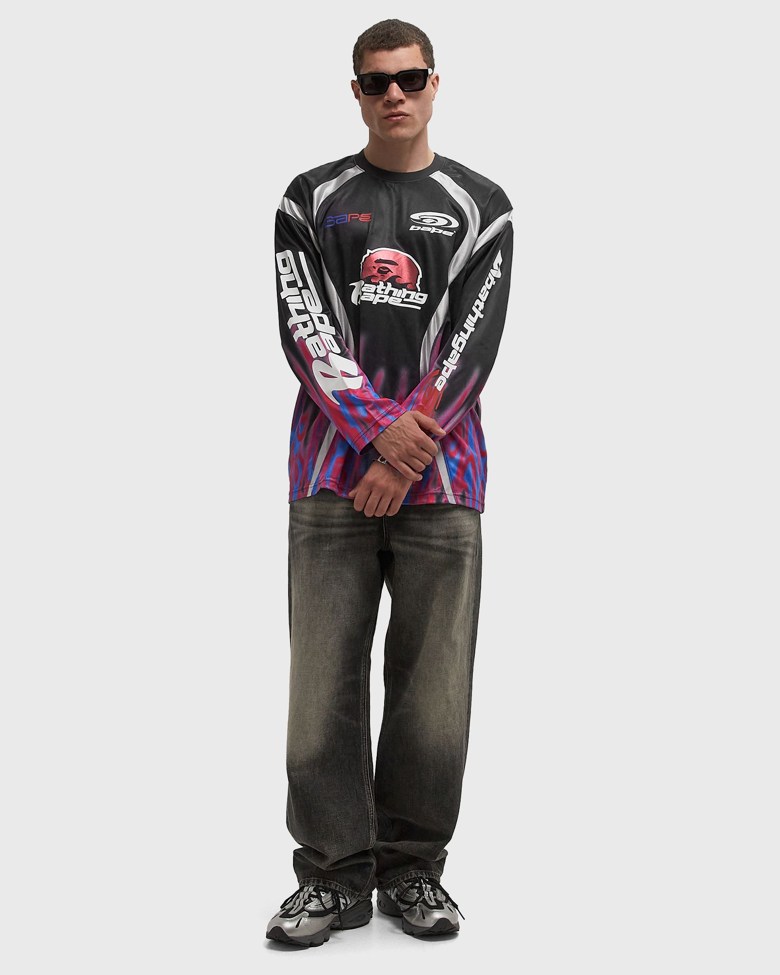 FLAME PATTERN MULTILOGO RELAXED FIT FOOTBALL JERSEY