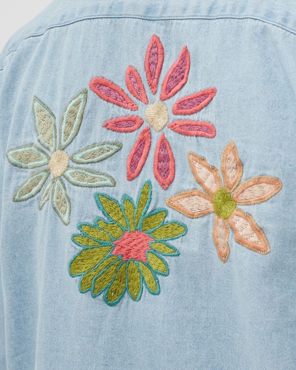 Flower Embroidered Denim Shirt - light blue