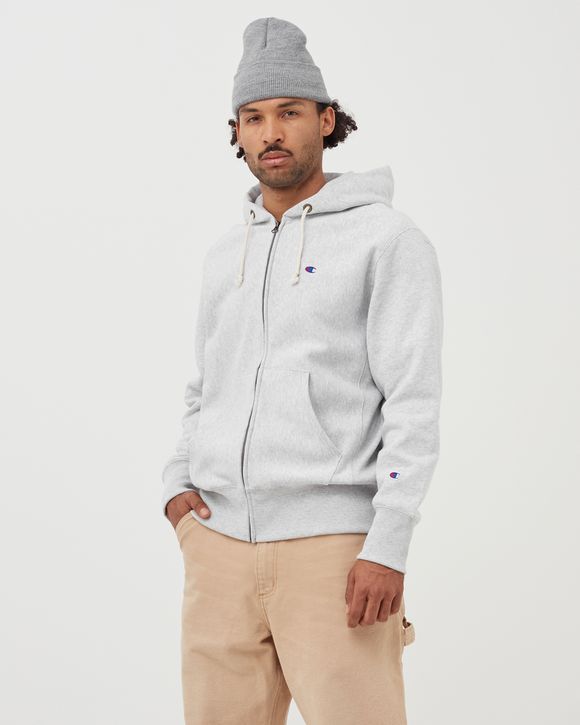 CHAMPION ZIP-UP SCRIPT LOGO REVERSE WEAVE HOODIE Grey | BSTN Store