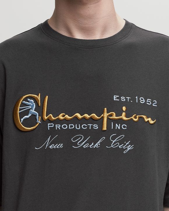 Black champion shirt with gold writing clearance