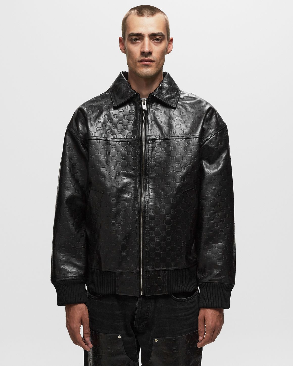 MISBHV MONOGRAM EMBOSSED BANDIT LEATHER JACKET Black | BSTN