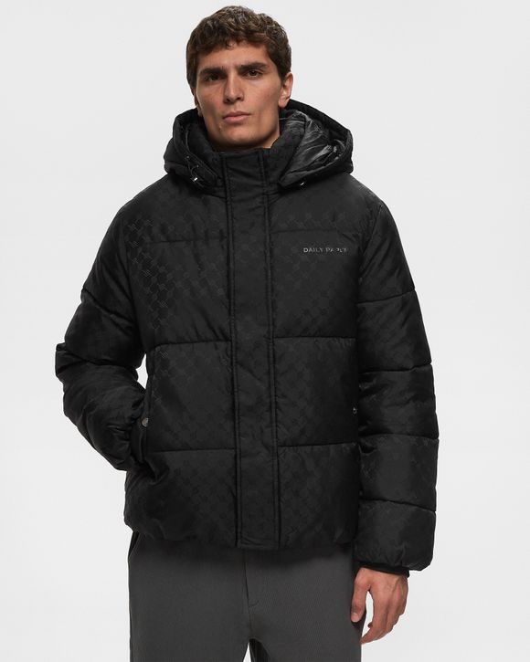 Hooded black down jacket with rubber monogram