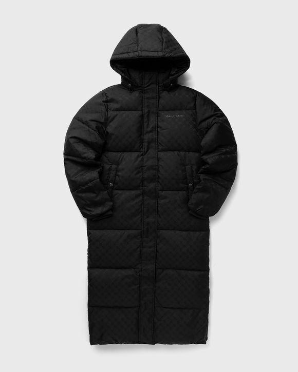 Hooded black down jacket with rubber monogram