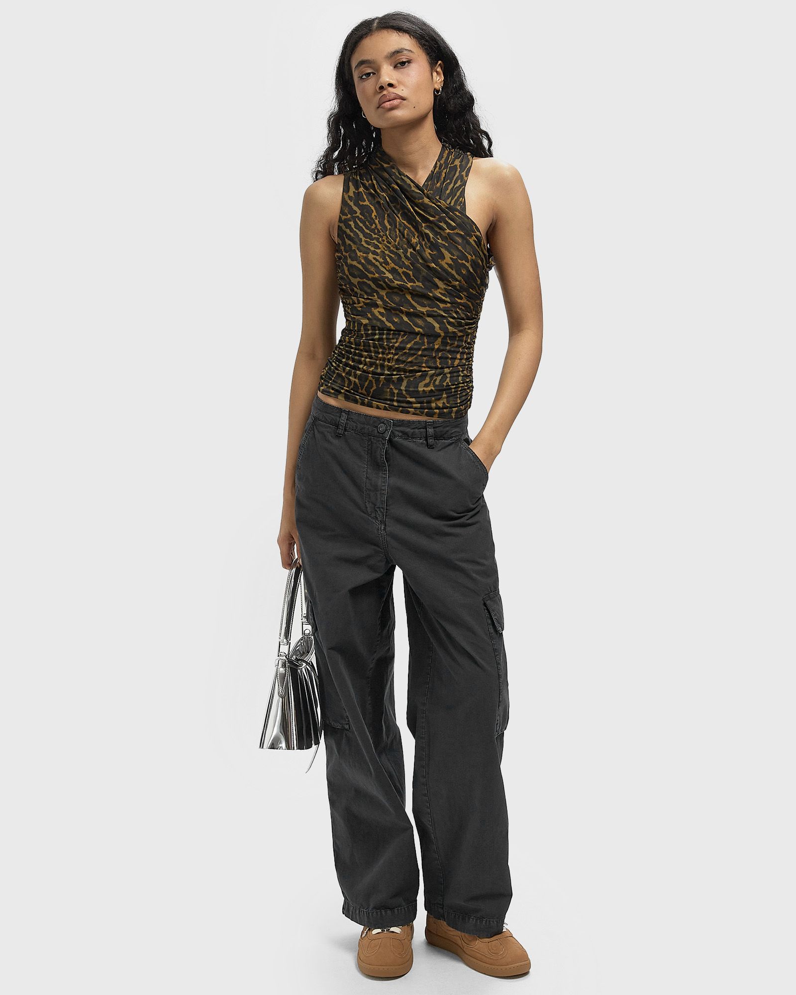 Printed Shiny Jersey Sleeveless Ruched Blouse