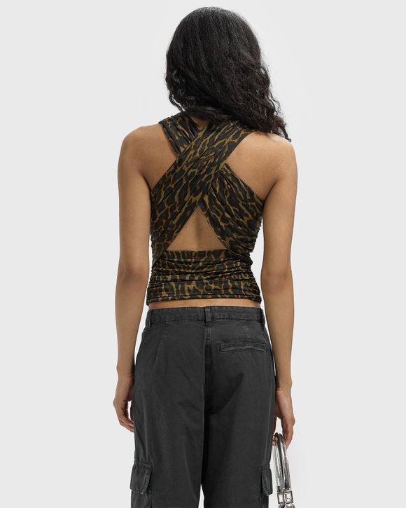 Printed Shiny Jersey Sleeveless Ruched Blouse