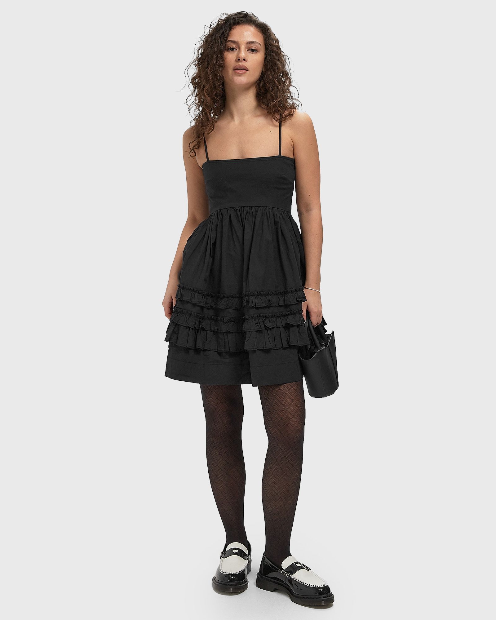 Stretch Cotton Mini Strap Dress w. Frills