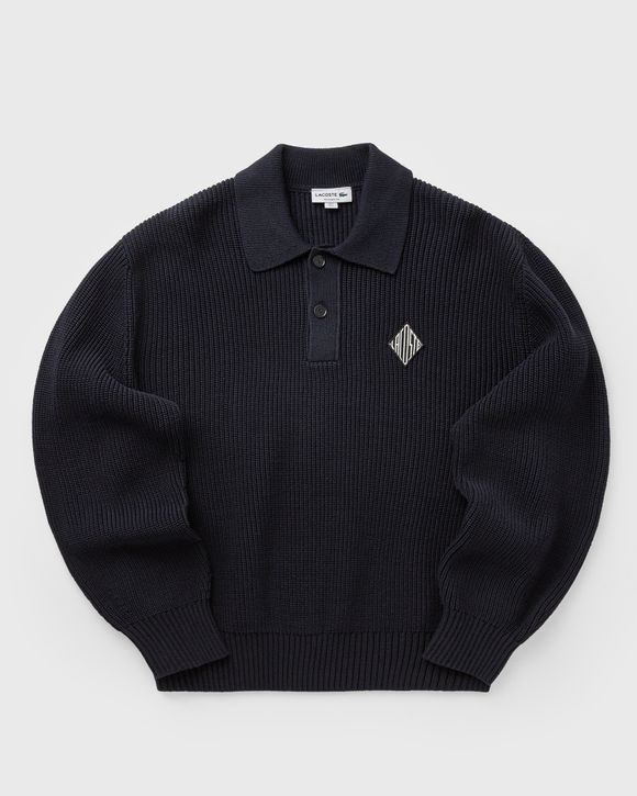 Badge Accent Pearl Rib Polo Collar Sweater