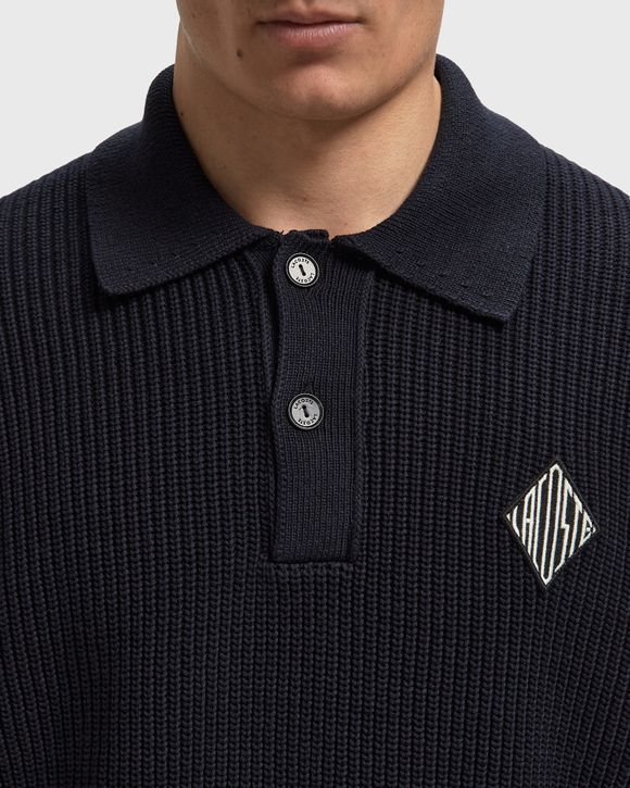 Badge Accent Pearl Rib Polo Collar Sweater