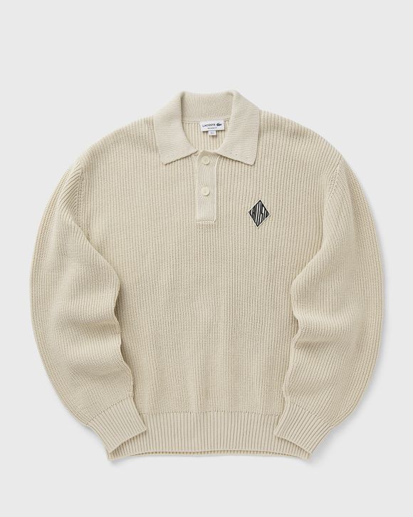 Badge Accent Pearl Rib Polo Collar Sweater