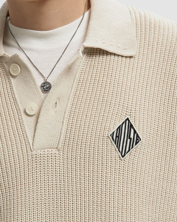Badge Accent Pearl Rib Polo Collar Sweater