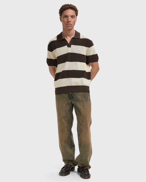 Short Sleeved Striped Polo Collar Sweater