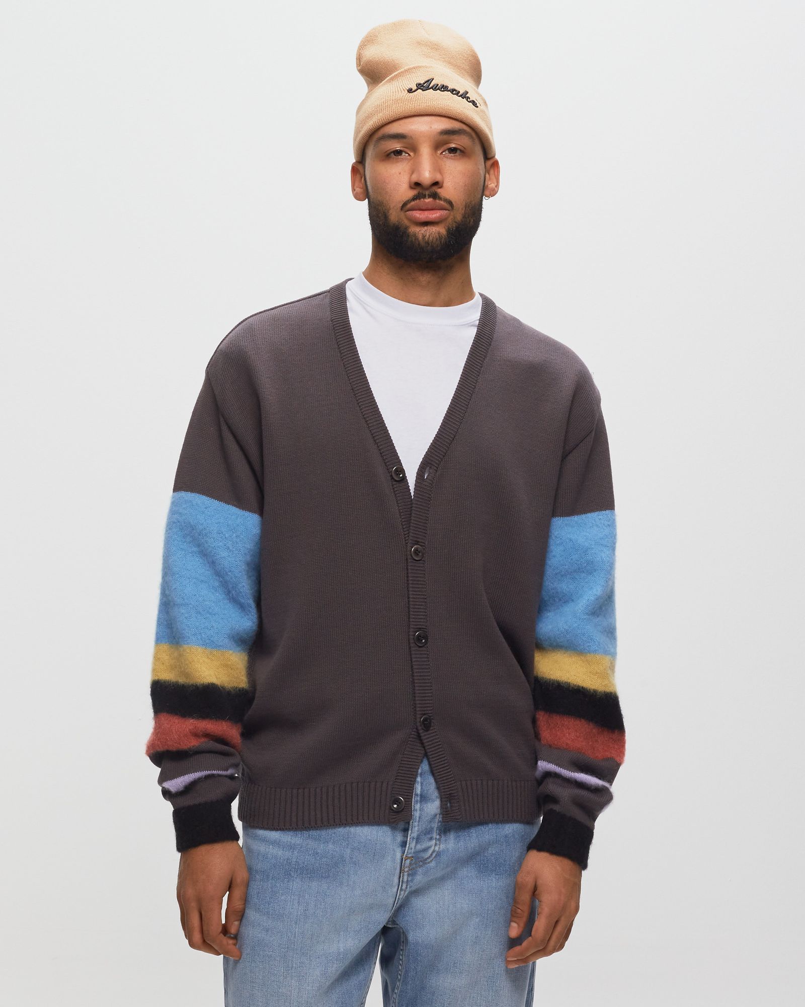 STRIPED MOHAIR SLEEVE CARDIGAN