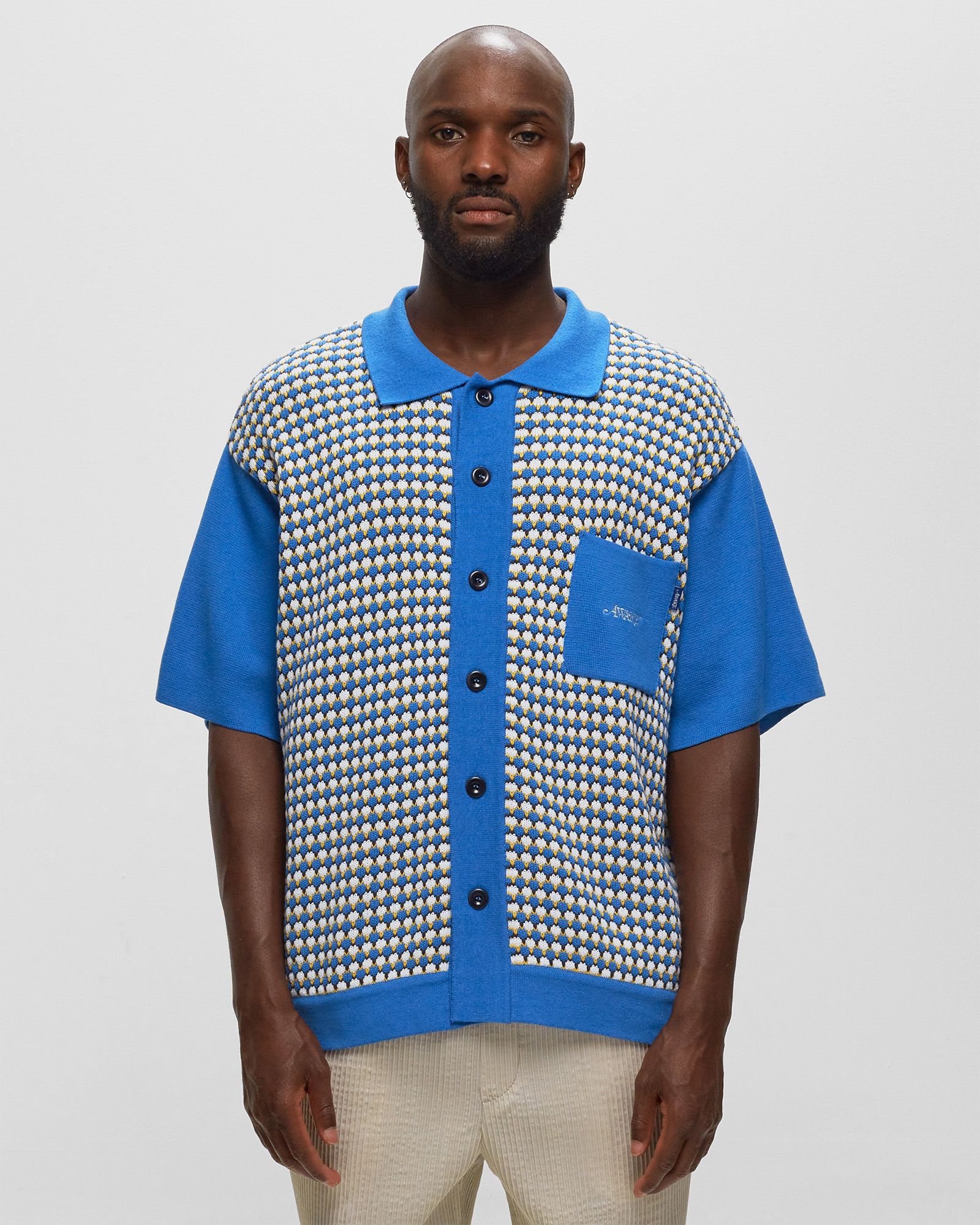 KNIT CROCHET SHORT SLEEVE BUTTON DOWN