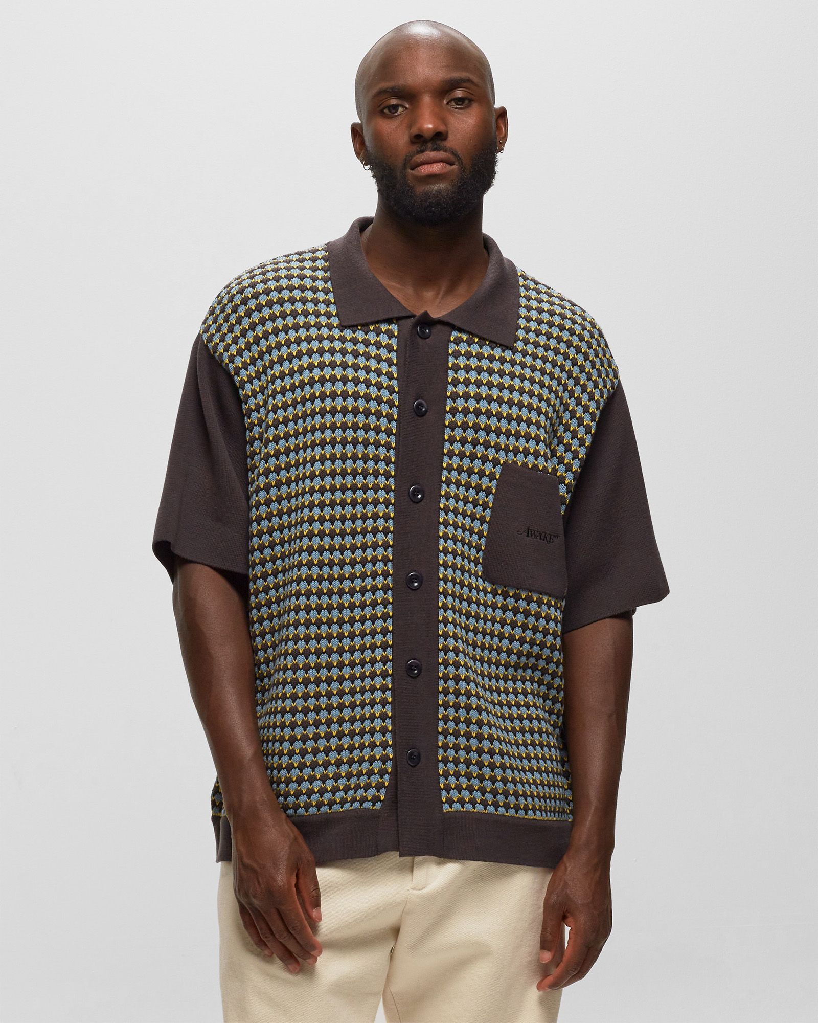 KNIT CROCHET SHORT SLEEVE BUTTON DOWN