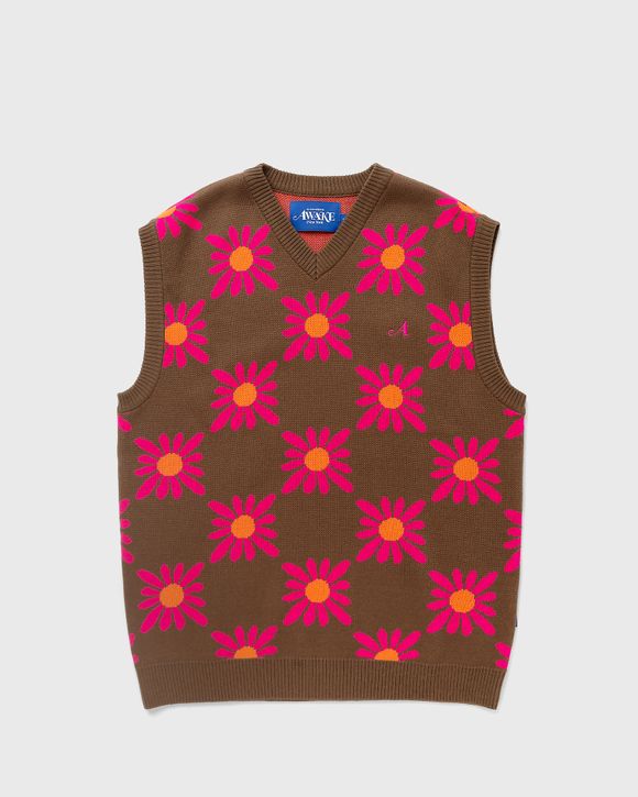 Awake CHECKERED FLORAL SWEATER VEST Brown/Pink - BROWN FLORAL