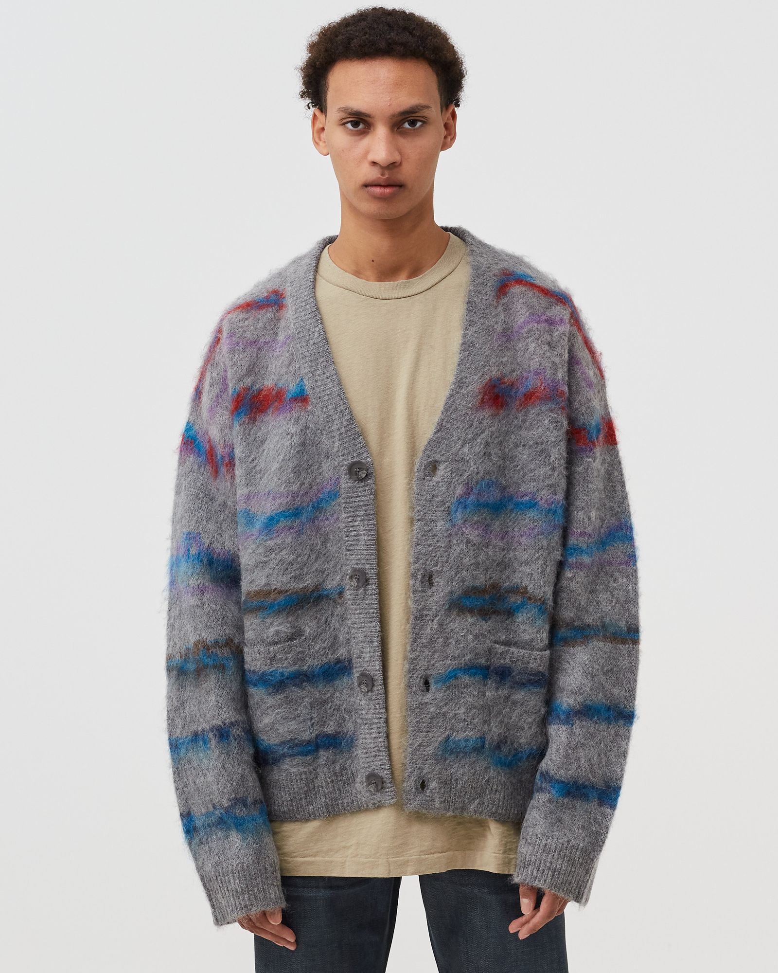 トップス BLOCKCHECK MOHAIR KNIT JACQUARD CARDIGAN Relaxed-fit red and black checked mohair wool cardigan with