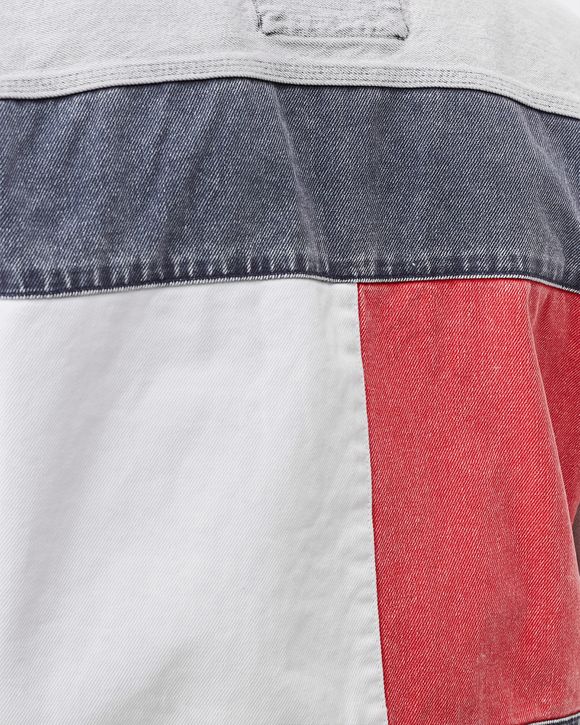 Tommy Jeans flag print oversized denim trucker jacket in mid wash