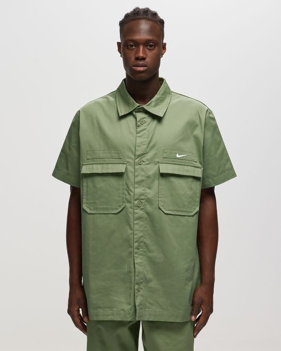 Woven Military Short-Sleeve Button-Down Shirt - OIL GREEN/WHITE