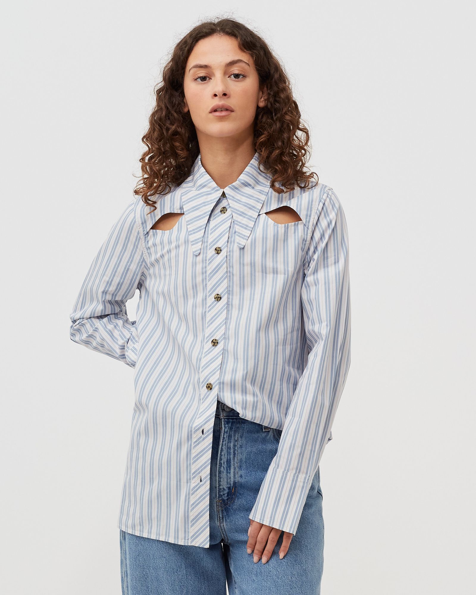 Stripe Cotton Long Collar Shirt