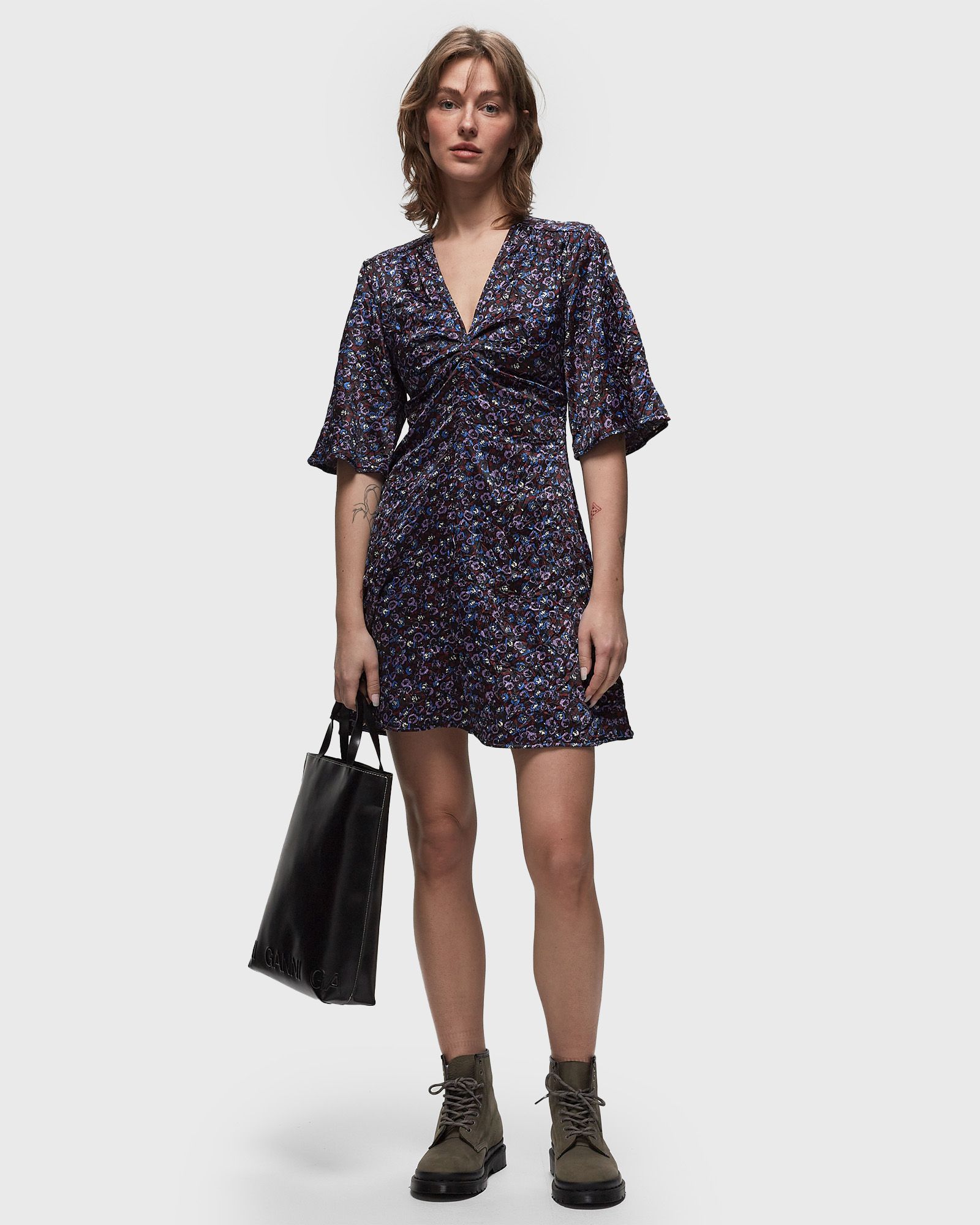 Crinkled Satin V-neck Mini Dress