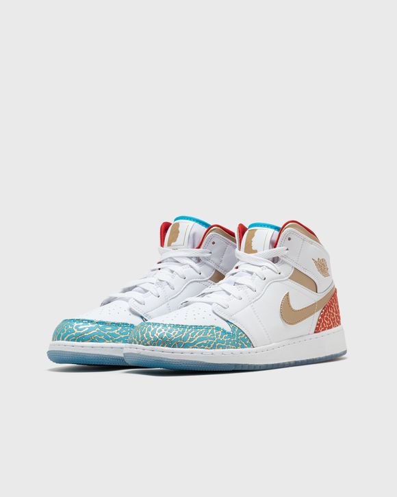 Jordan AIR JORDAN 1 MID SS (GS) Blue/White - WHITE/METALLIC GOLD-UNIVERSITY  RED