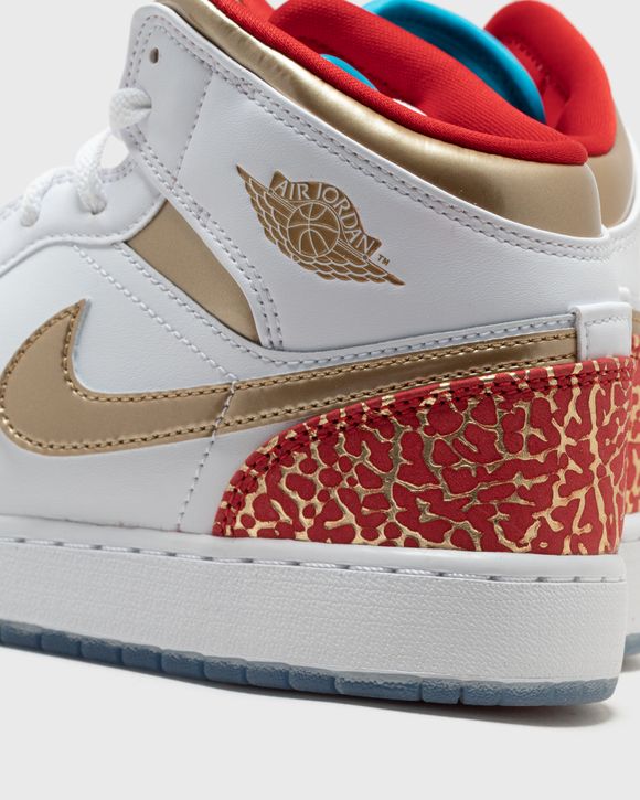 Jordan AIR JORDAN 1 MID SS (GS) Blue/White - WHITE/METALLIC GOLD-UNIVERSITY  RED