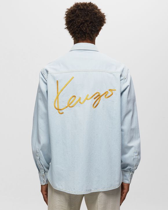 Kenzo Printed Cotton Denim Polo Overshirt In Blue