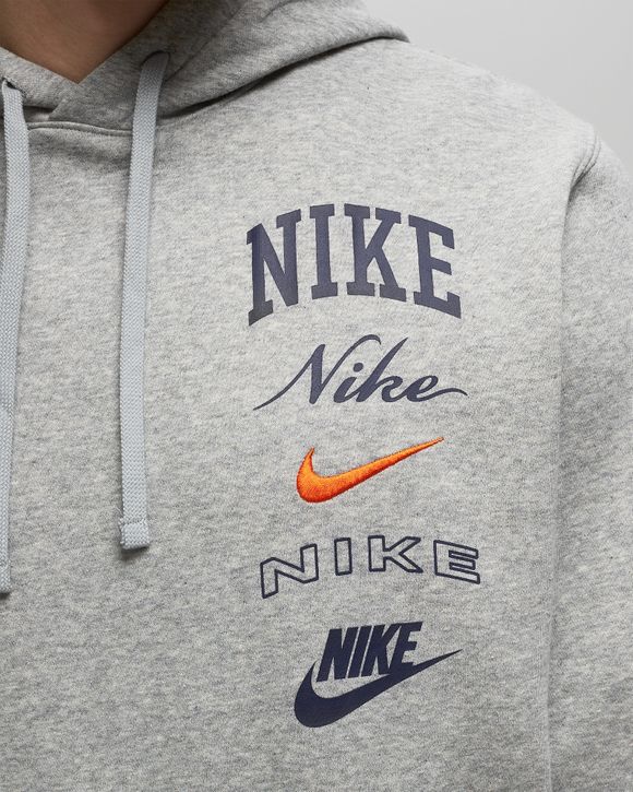 Nike Club Fleece Pullover Hoodie Grey - DK GREY HEATHER/SAFETY ORANGE