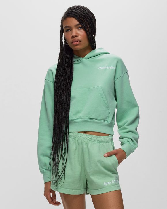 Sporty & Rich ITALIC LOGO EMBROIDERED CROPPED HOODIE Green - JADE/WHITE