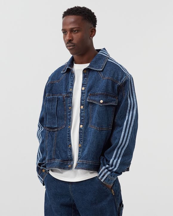 Denim jacket shop with adidas pants