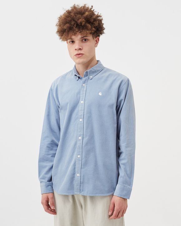 Carhartt WIP Longsleeve Madison Fine Cord Shirt Blue FROSTED BLUE WHITE