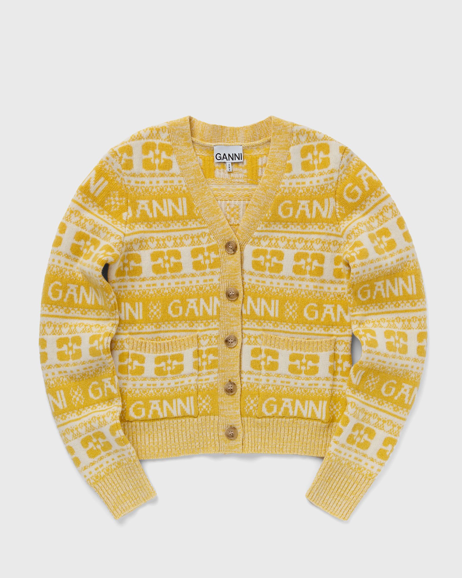 Ganni - logo wool mix cardigan women zippers & cardigans yellow in größe:xs