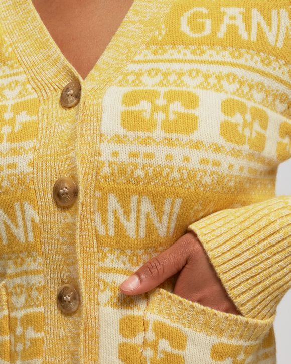 Ganni Logo Wool Mix Cardigan Yellow - MAIZE