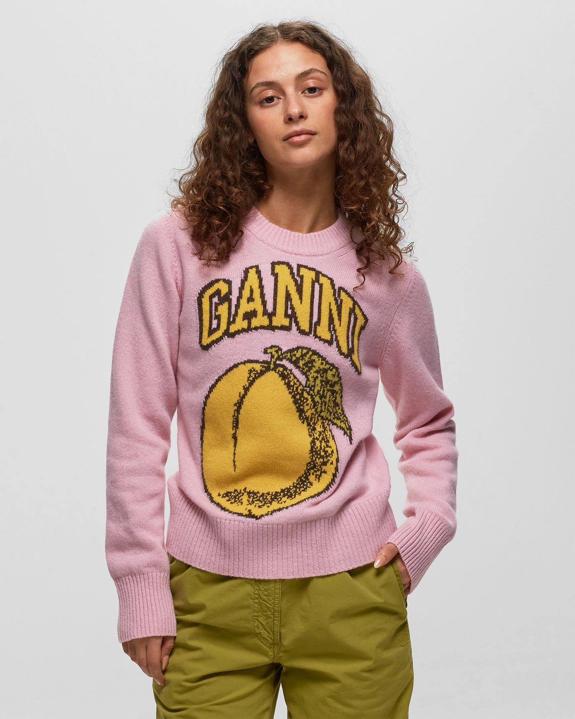 Ganni Graphic O neck Pullover Peach Pink Yellow BSTN Store